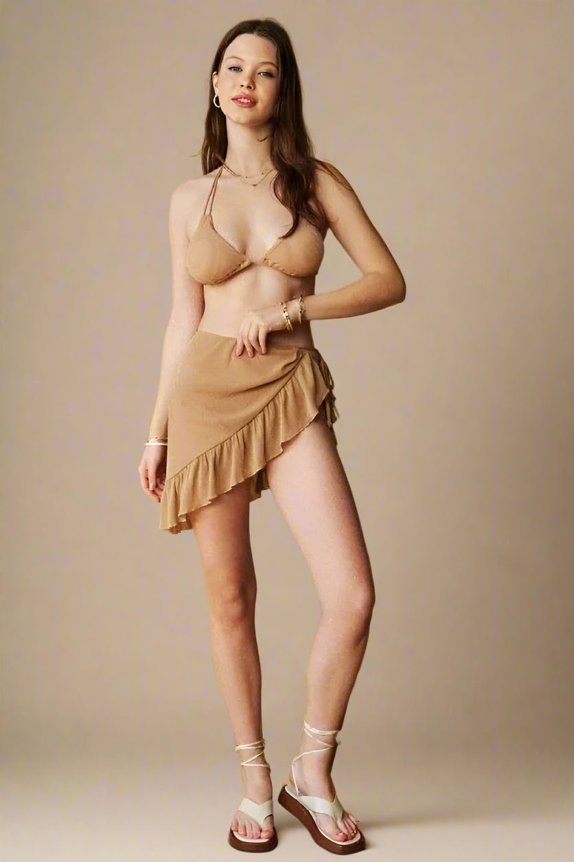 Davi & Dani - Taupe Shimmer 3 - Piece Bikini Set with Ruffle Sarong