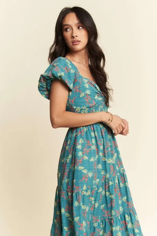 Davi & Dani - Teal Floral Smocked Maxi Dress with Puff Sleeves