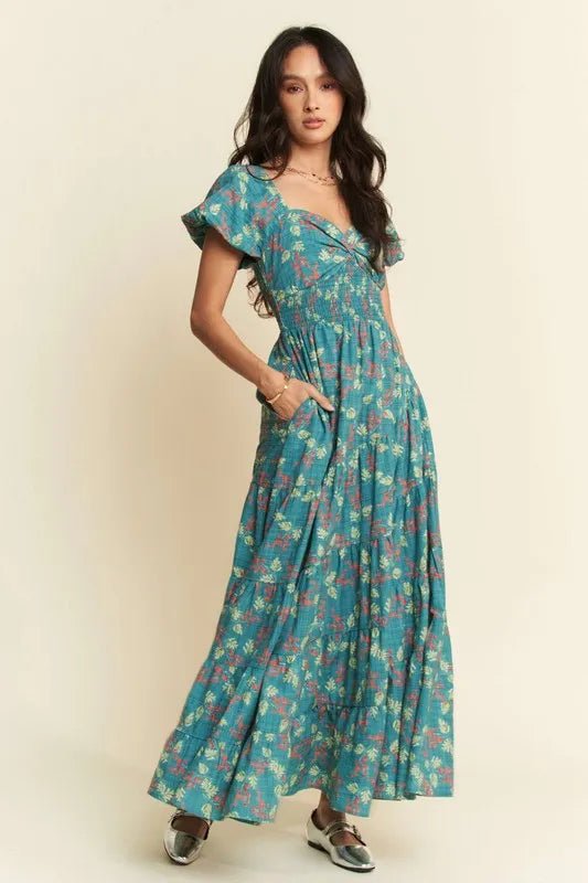 Davi & Dani - Teal Floral Smocked Maxi Dress with Puff Sleeves