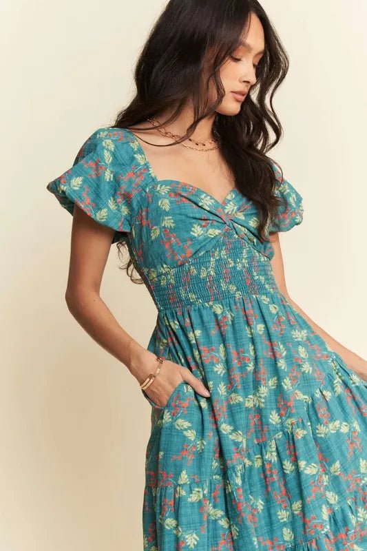 Davi & Dani - Teal Floral Smocked Maxi Dress with Puff Sleeves