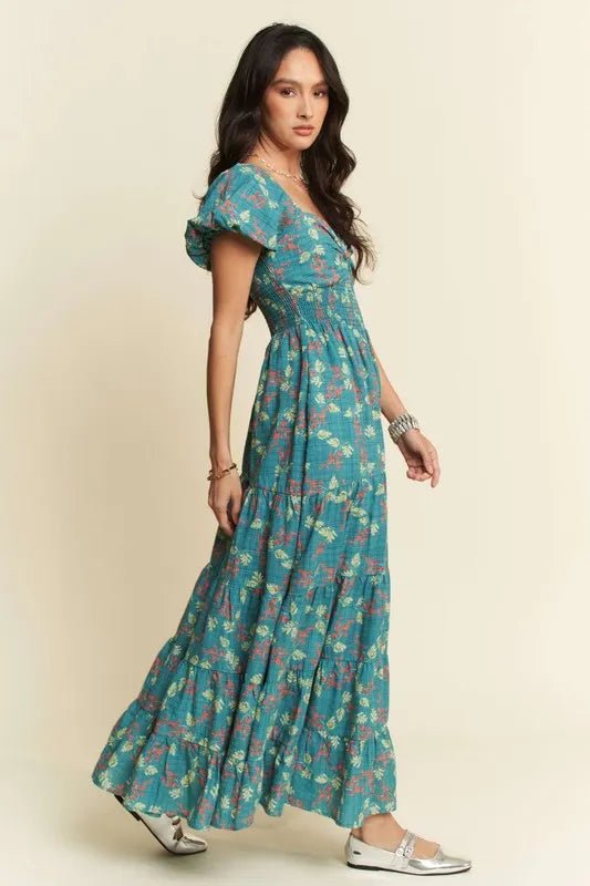 Davi & Dani - Teal Floral Smocked Maxi Dress with Puff Sleeves