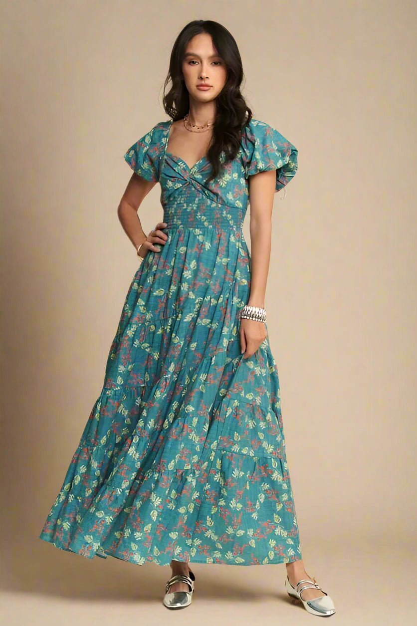 Davi & Dani - Teal Floral Smocked Maxi Dress with Puff Sleeves
