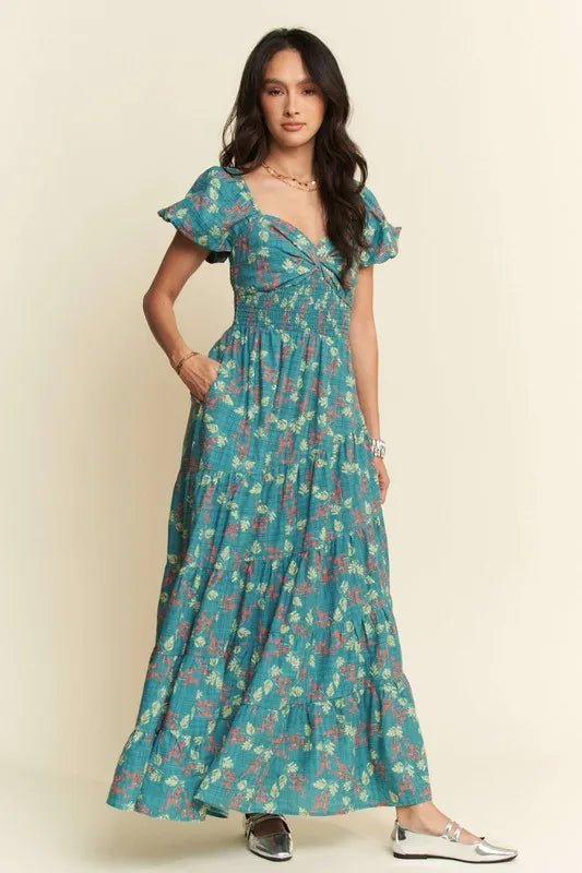 Davi & Dani - Teal Floral Smocked Maxi Dress with Puff Sleeves