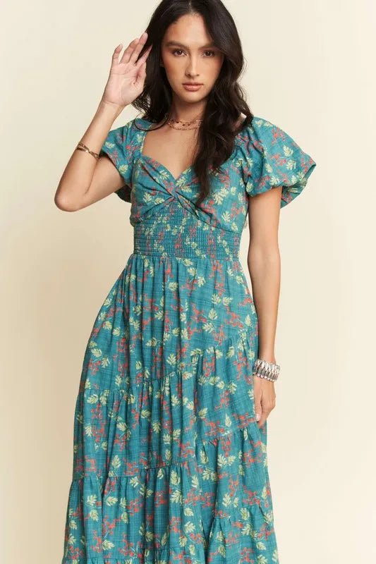 Davi & Dani - Teal Floral Smocked Maxi Dress with Puff Sleeves
