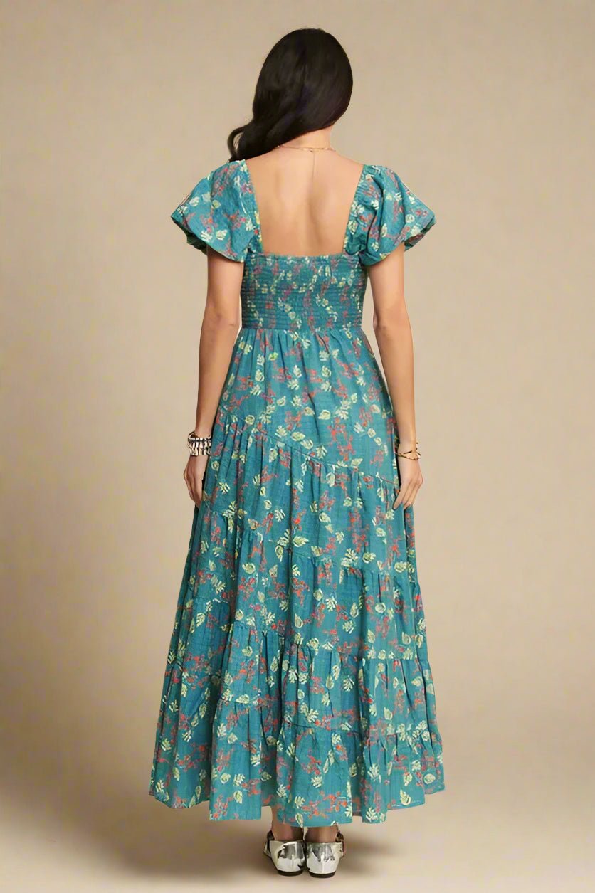 Davi & Dani - Teal Floral Smocked Maxi Dress with Puff Sleeves