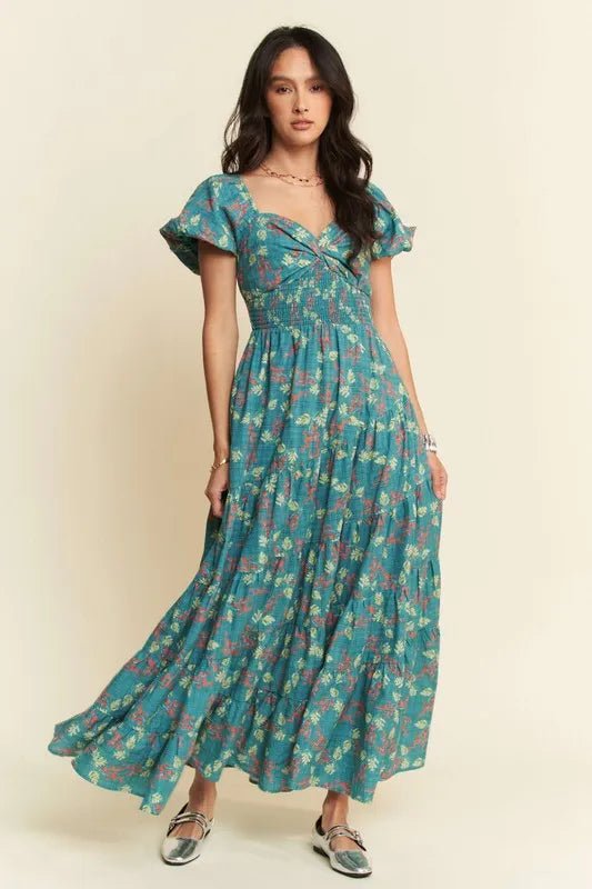 Davi & Dani - Teal Floral Smocked Maxi Dress with Puff Sleeves