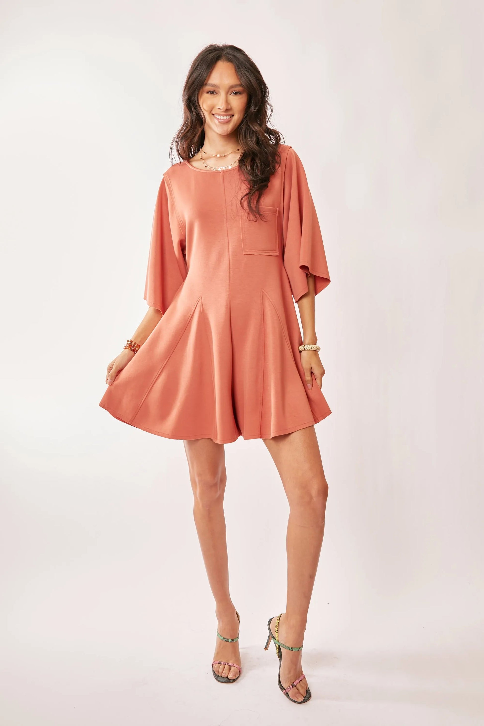 Davi & Dani - Terracotta Wide Sleeve Pleated Romper