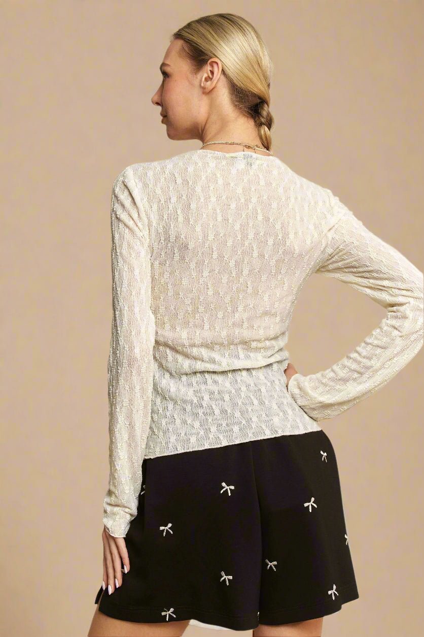 Davi & Dani - Textured Sheer Mesh Long Sleeve Top in Ivory