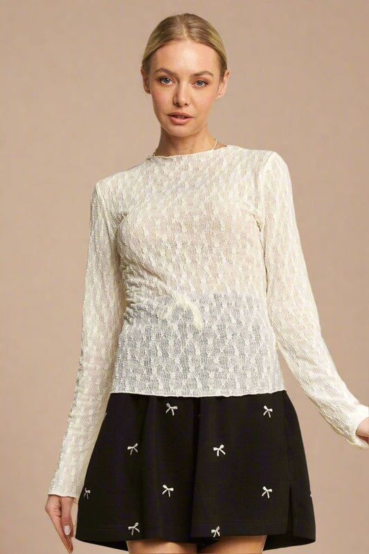 Davi & Dani - Textured Sheer Mesh Long Sleeve Top in Ivory