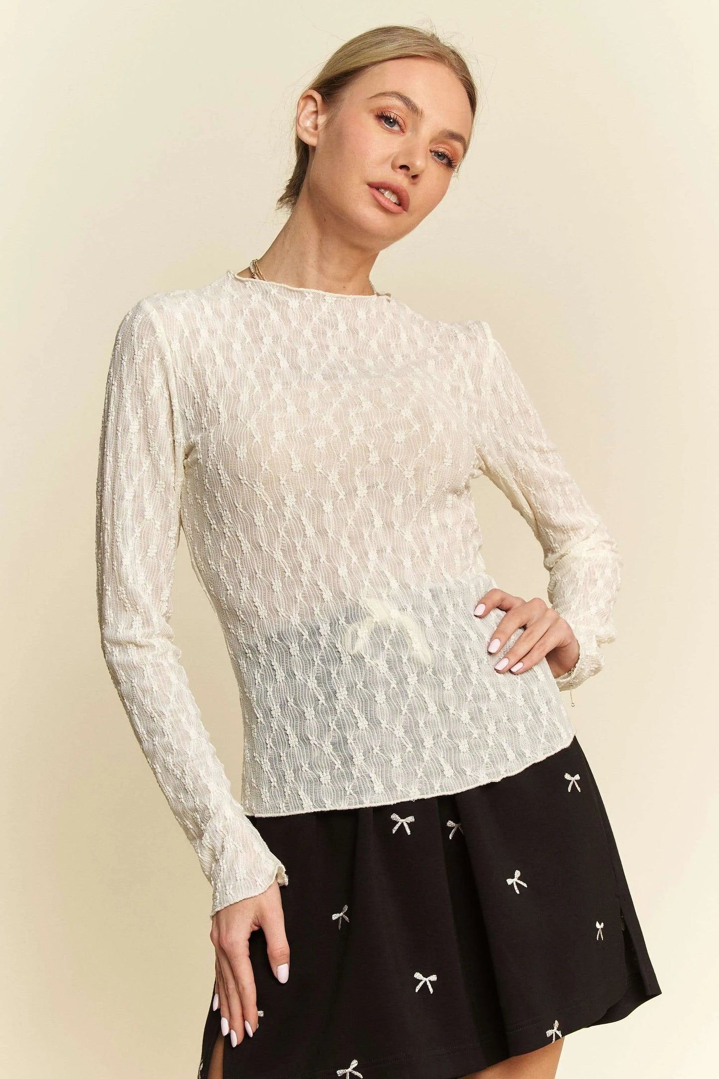 Davi & Dani - Textured Sheer Mesh Long Sleeve Top in Ivory