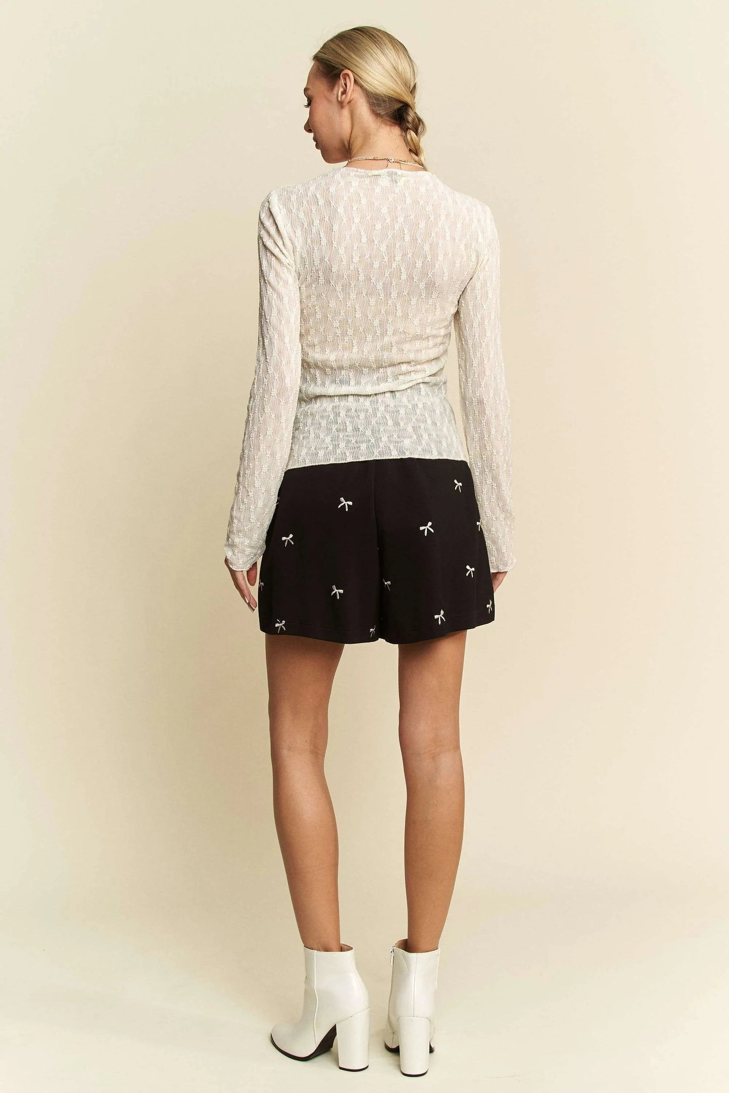 Davi & Dani - Textured Sheer Mesh Long Sleeve Top in Ivory