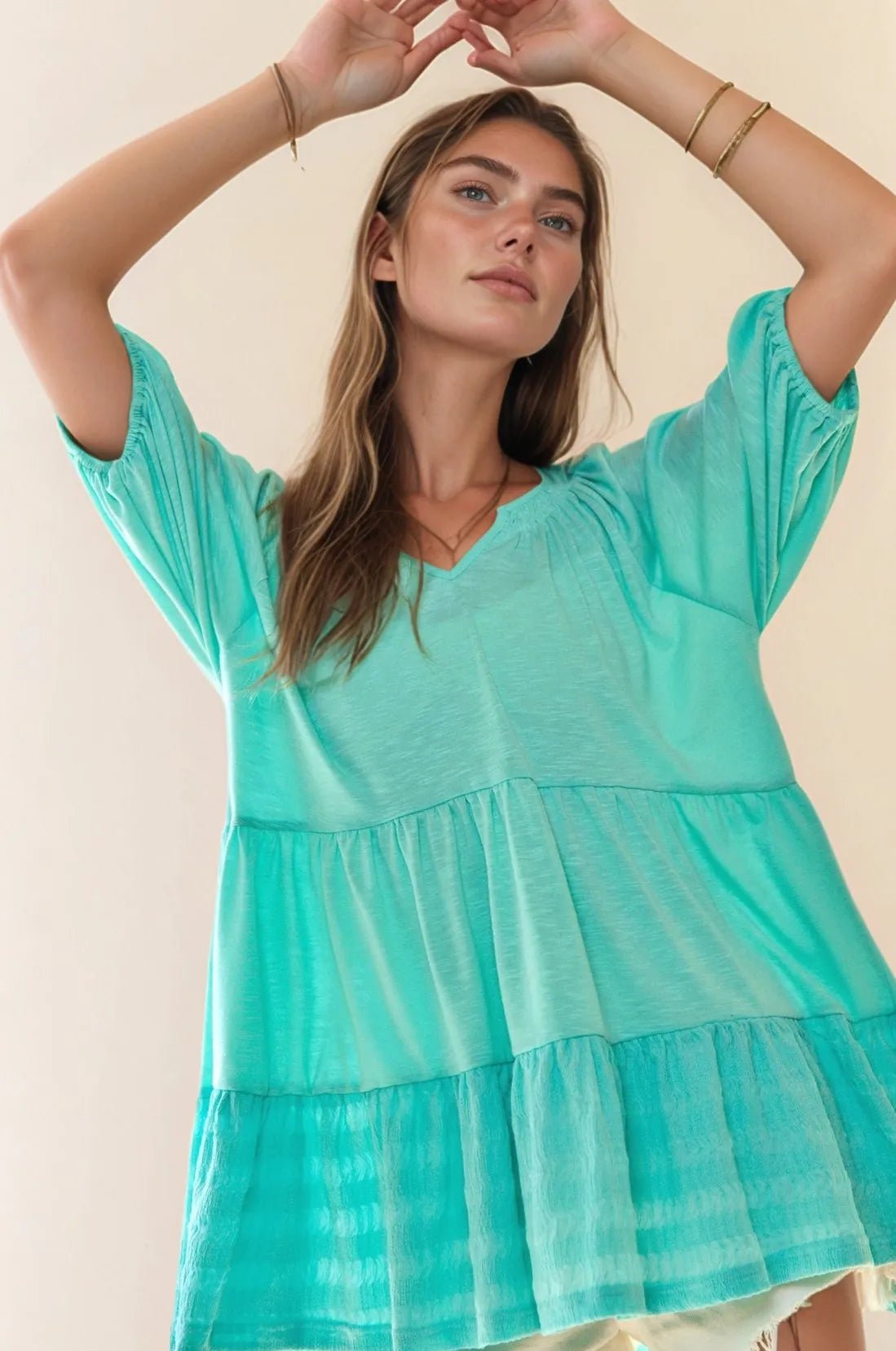 Davi & Dani - Tiered Ruffle Babydoll Top – Aqua