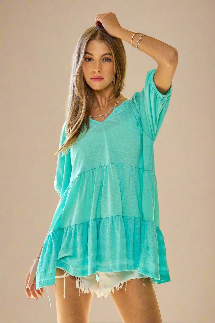 Davi & Dani - Tiered Ruffle Babydoll Top – Aqua