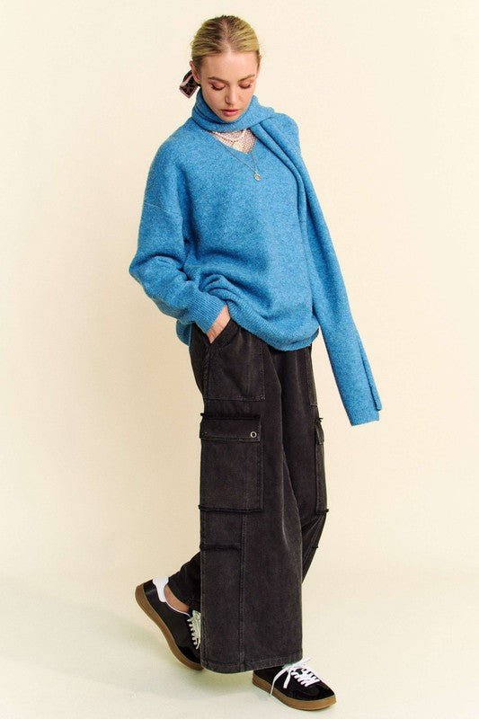 Davi & Dani - V - Neck Relax Fit Sweater with Scarf in Cerulean