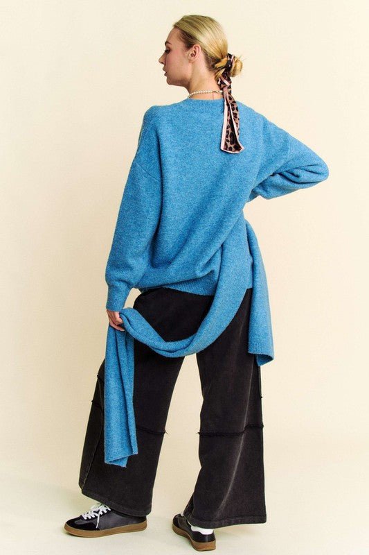 Davi & Dani - V - Neck Relax Fit Sweater with Scarf in Cerulean