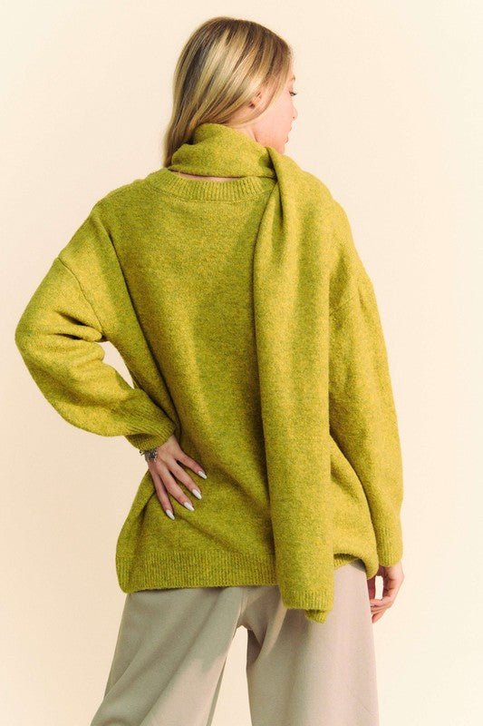 Davi & Dani - V - Neck Sweater & Scarf in Chartreuse