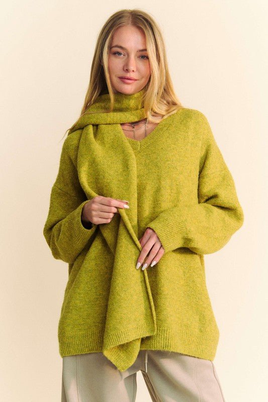Davi & Dani - V - Neck Sweater & Scarf in Chartreuse