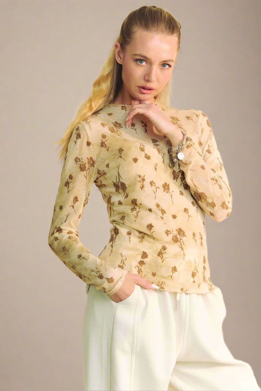 Davi & Dani - Velvet Floral Mesh Long Sleeve Top – Beige & Brown