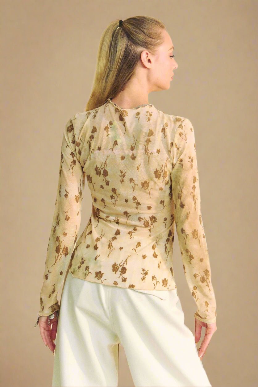 Davi & Dani - Velvet Floral Mesh Long Sleeve Top – Beige & Brown