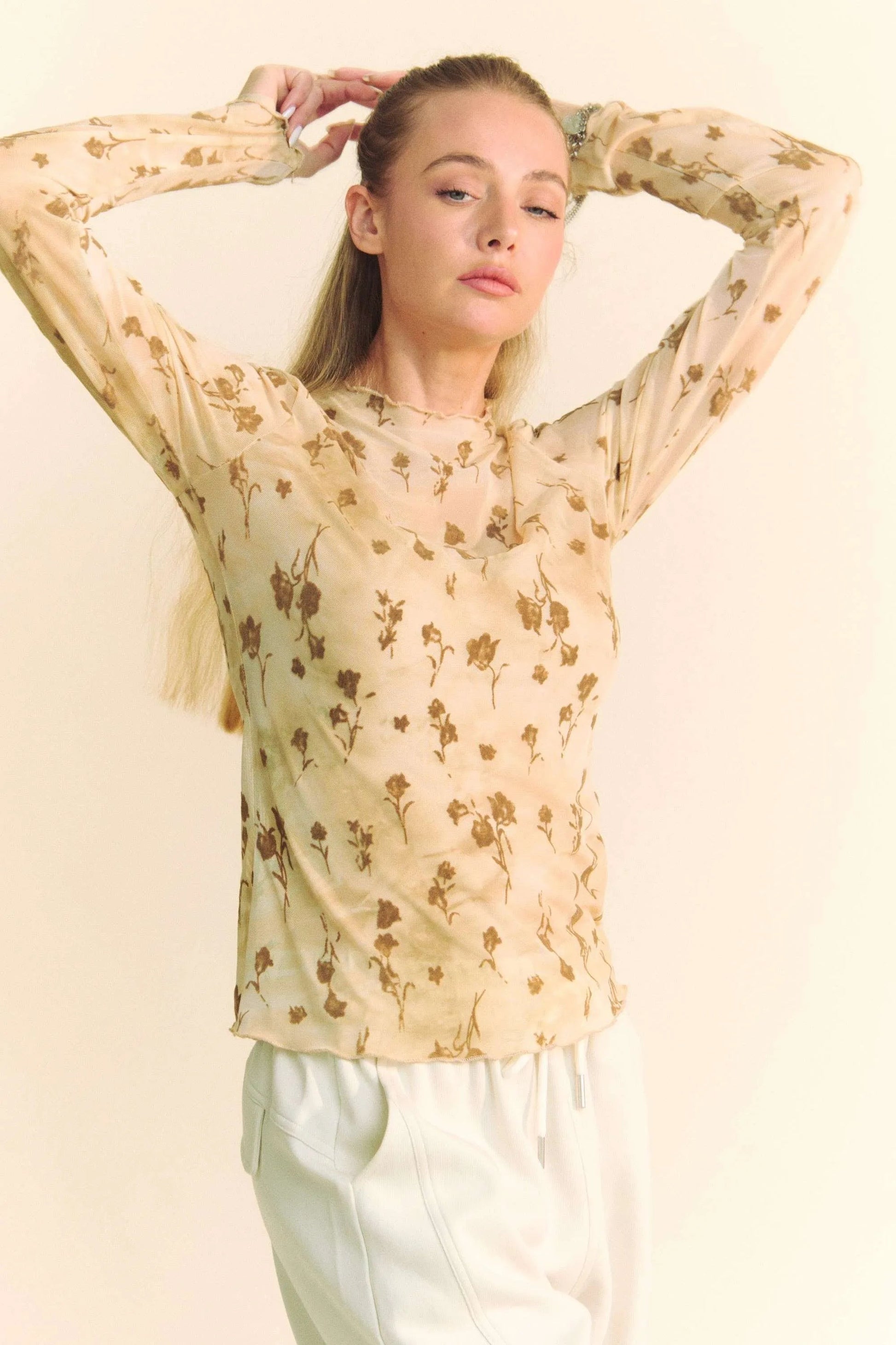 Davi & Dani - Velvet Floral Mesh Long Sleeve Top – Beige & Brown