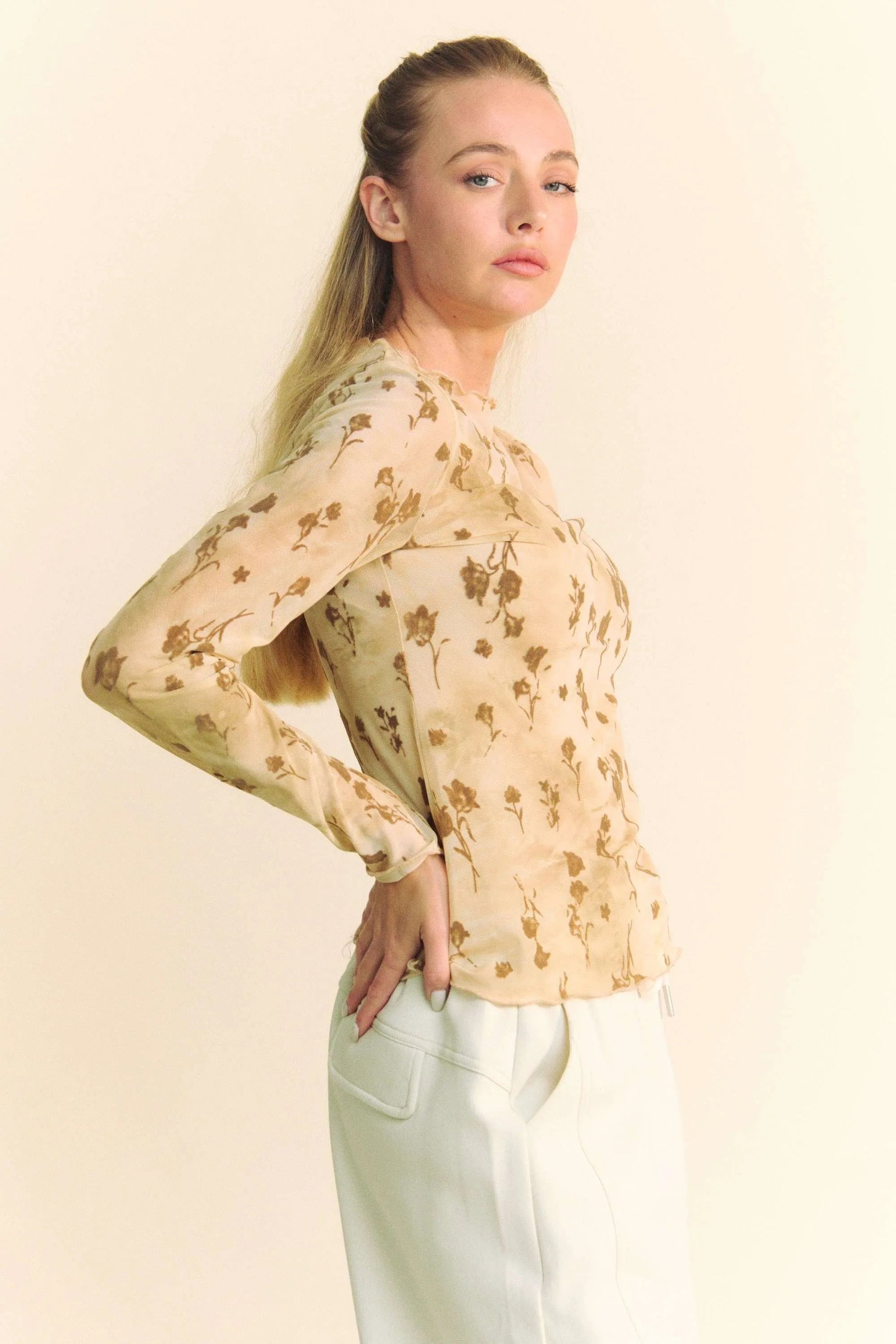 Davi & Dani - Velvet Floral Mesh Long Sleeve Top – Beige & Brown