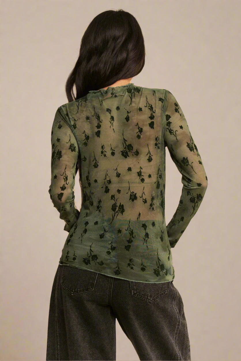 Davi & Dani - Velvet Floral Mesh Long Sleeve Top – Olive
