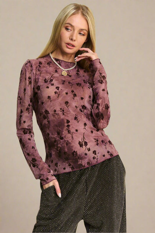 Davi & Dani - Velvet Floral Mesh Long Sleeve Top – Plum & Black