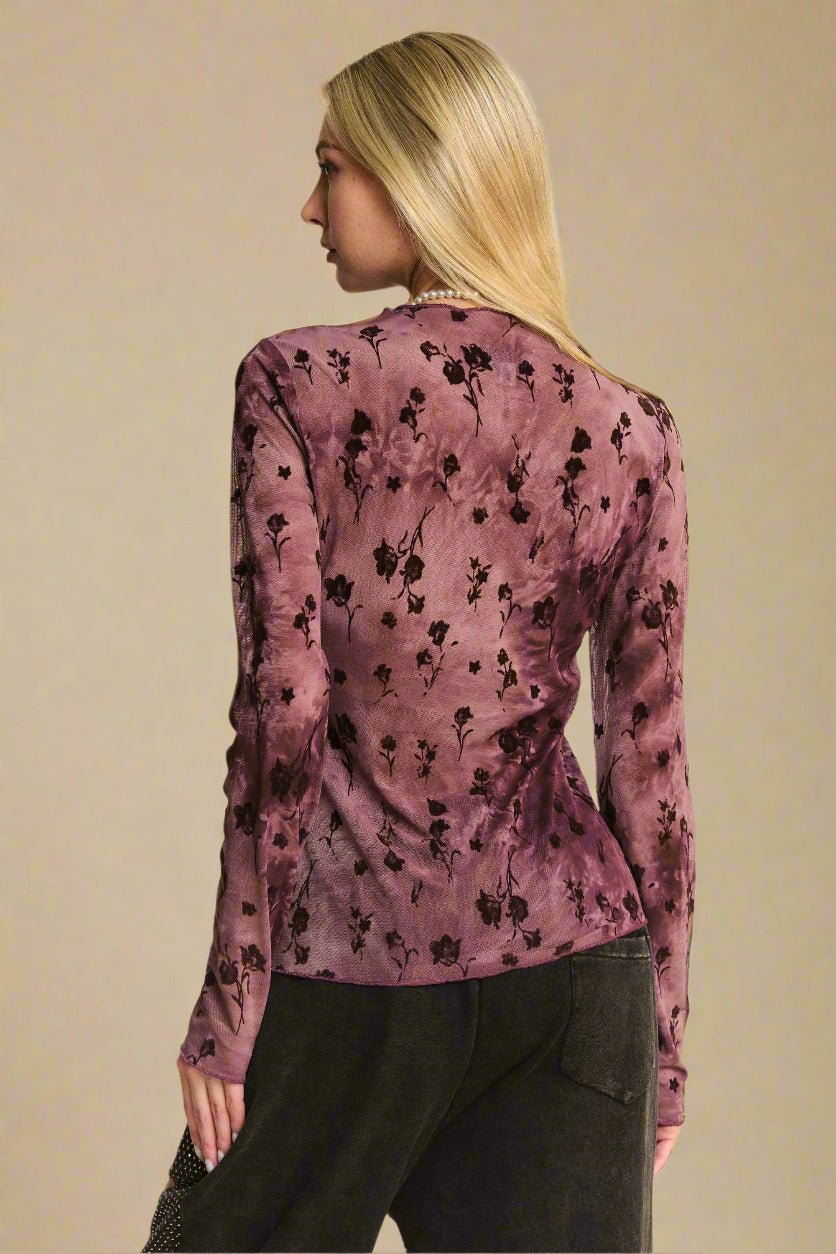 Davi & Dani - Velvet Floral Mesh Long Sleeve Top – Plum & Black