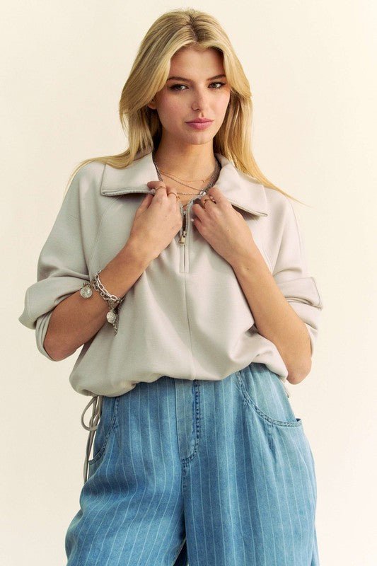 Davi & Dani - Warm Gray Drawstring Hem Half Zip Sweatshirt