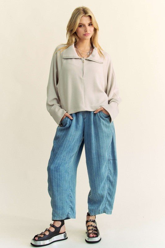 Davi & Dani - Warm Gray Drawstring Hem Half Zip Sweatshirt