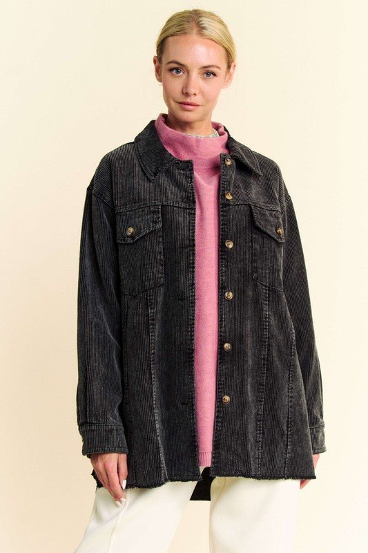 Davi & Dani - Washed Black Raw Hem Button Up Corduroy Jacket