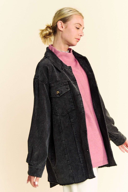 Davi & Dani - Washed Black Raw Hem Button Up Corduroy Jacket