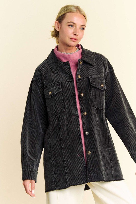 Davi & Dani - Washed Black Raw Hem Button Up Corduroy Jacket