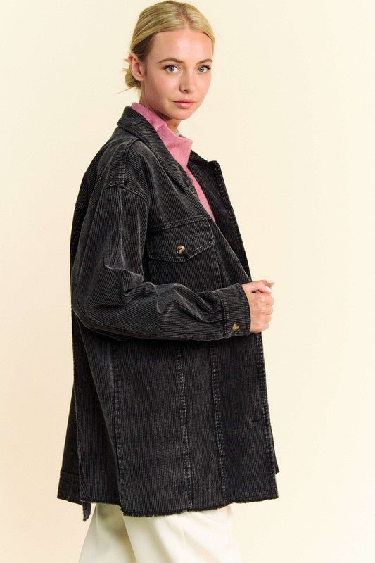 Davi & Dani - Washed Black Raw Hem Button Up Corduroy Jacket