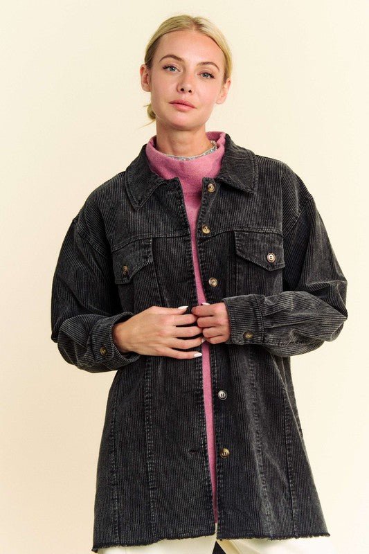 Davi & Dani - Washed Black Raw Hem Button Up Corduroy Jacket