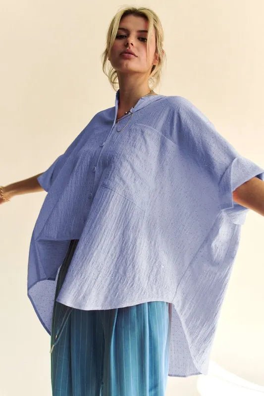 Davi & Dani - Washed Blue Rhinestone Button - Down Blouse with Mandarin Collar