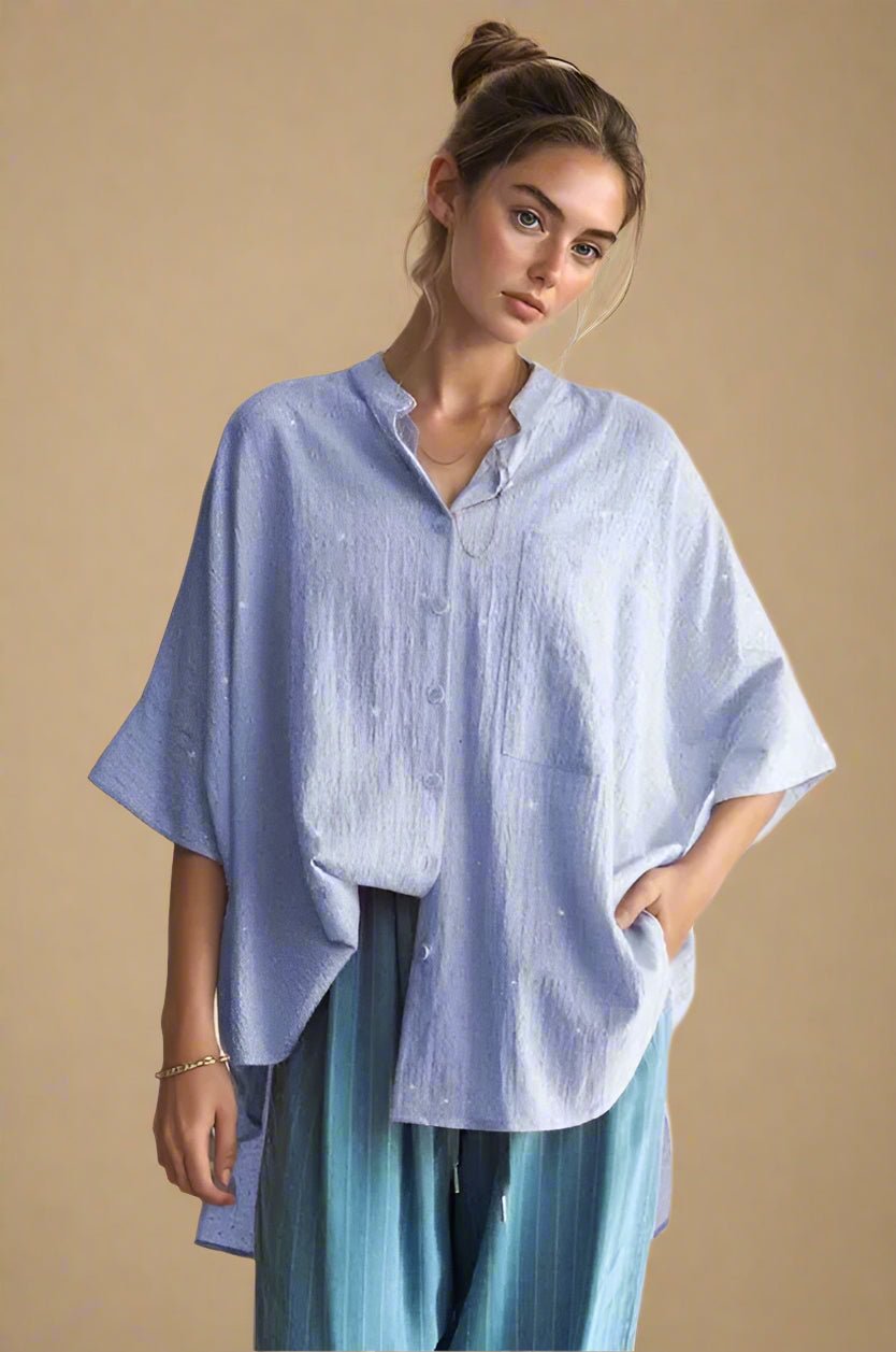 Davi & Dani - Washed Blue Rhinestone Button - Down Blouse with Mandarin Collar