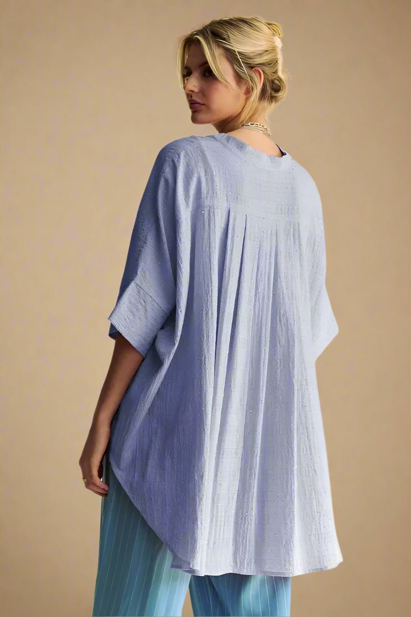 Davi & Dani - Washed Blue Rhinestone Button - Down Blouse with Mandarin Collar