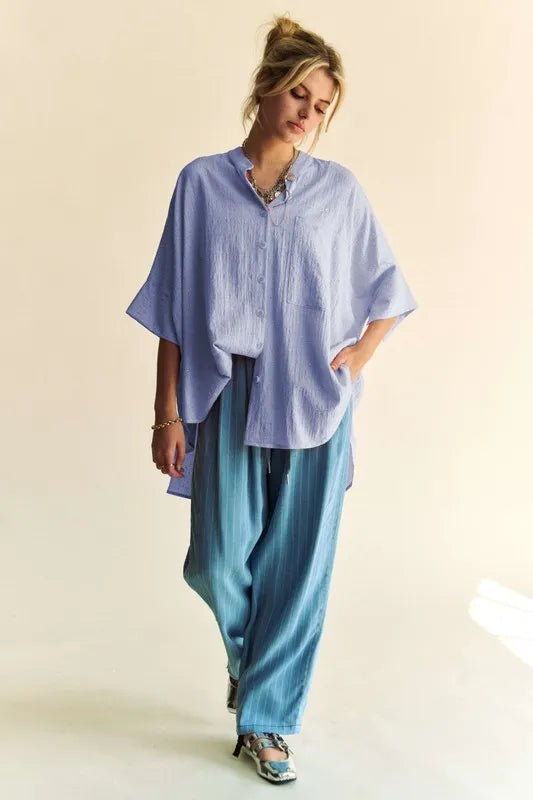 Davi & Dani - Washed Blue Rhinestone Button - Down Blouse with Mandarin Collar