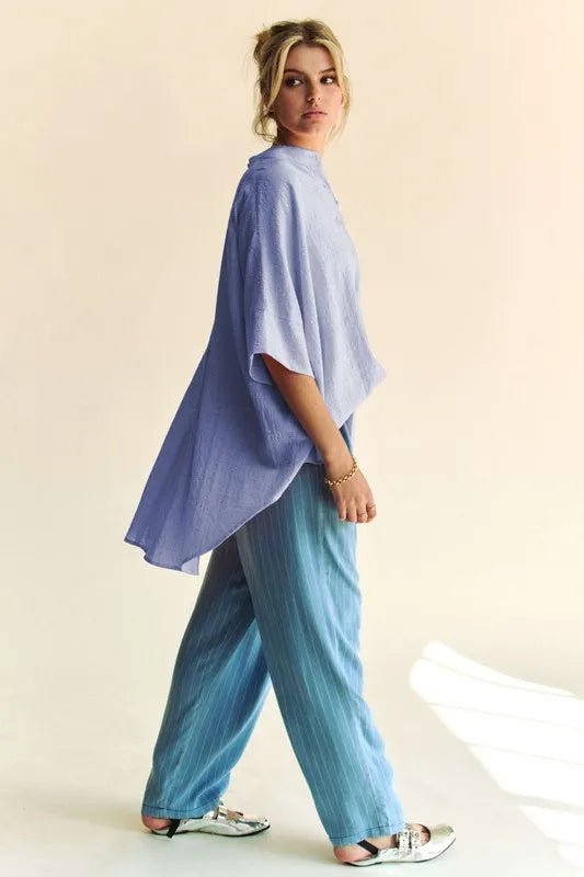 Davi & Dani - Washed Blue Rhinestone Button - Down Blouse with Mandarin Collar