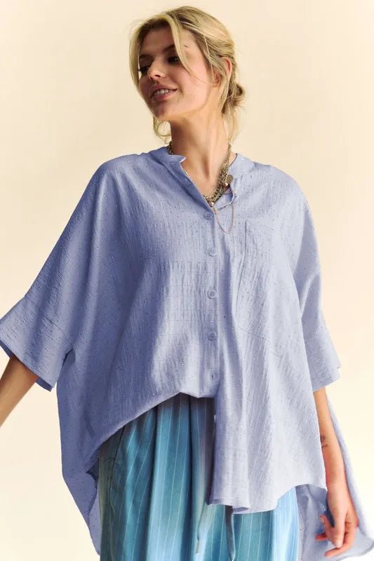 Davi & Dani - Washed Blue Rhinestone Button - Down Blouse with Mandarin Collar