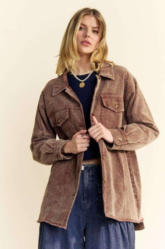 Davi & Dani - Washed Dark Brown Raw Hem Button Up Corduroy Jacket