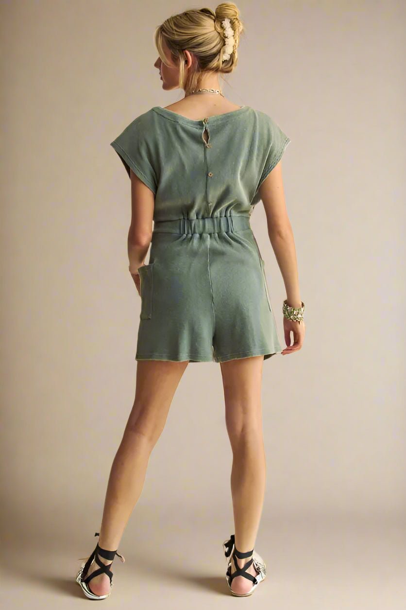 Davi & Dani - Washed Sage Belted Knit Romper with Pockets