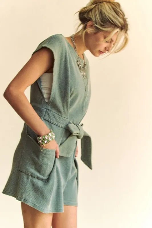 Davi & Dani - Washed Sage Belted Knit Romper with Pockets