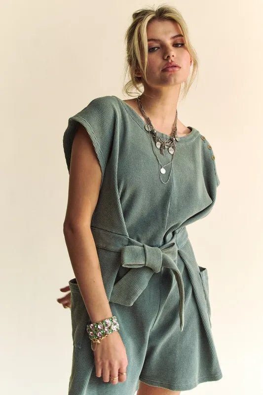 Davi & Dani - Washed Sage Belted Knit Romper with Pockets