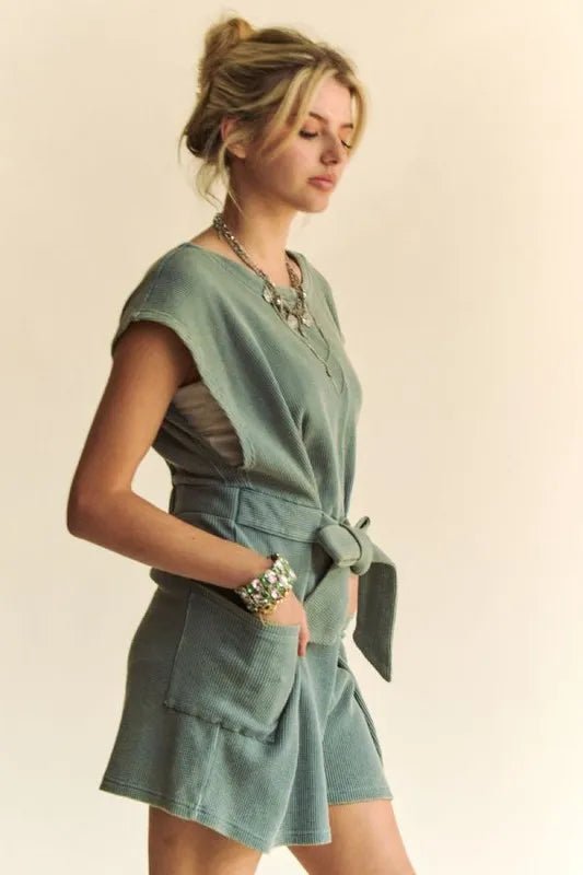 Davi & Dani - Washed Sage Belted Knit Romper with Pockets