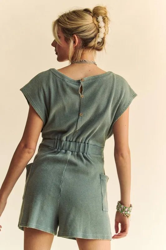 Davi & Dani - Washed Sage Belted Knit Romper with Pockets