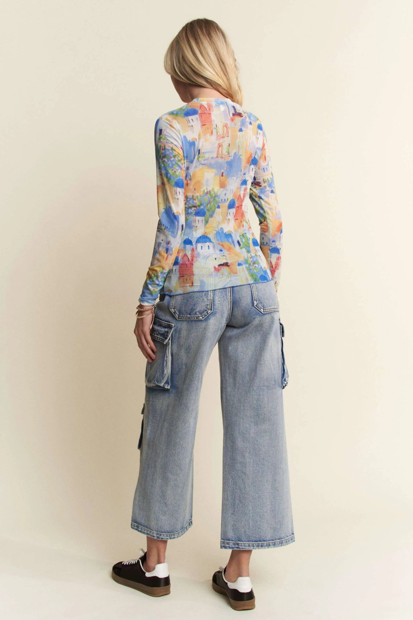 Davi & Dani - Watercolor Santorini Mesh Long Sleeve Top in Orange & Blue