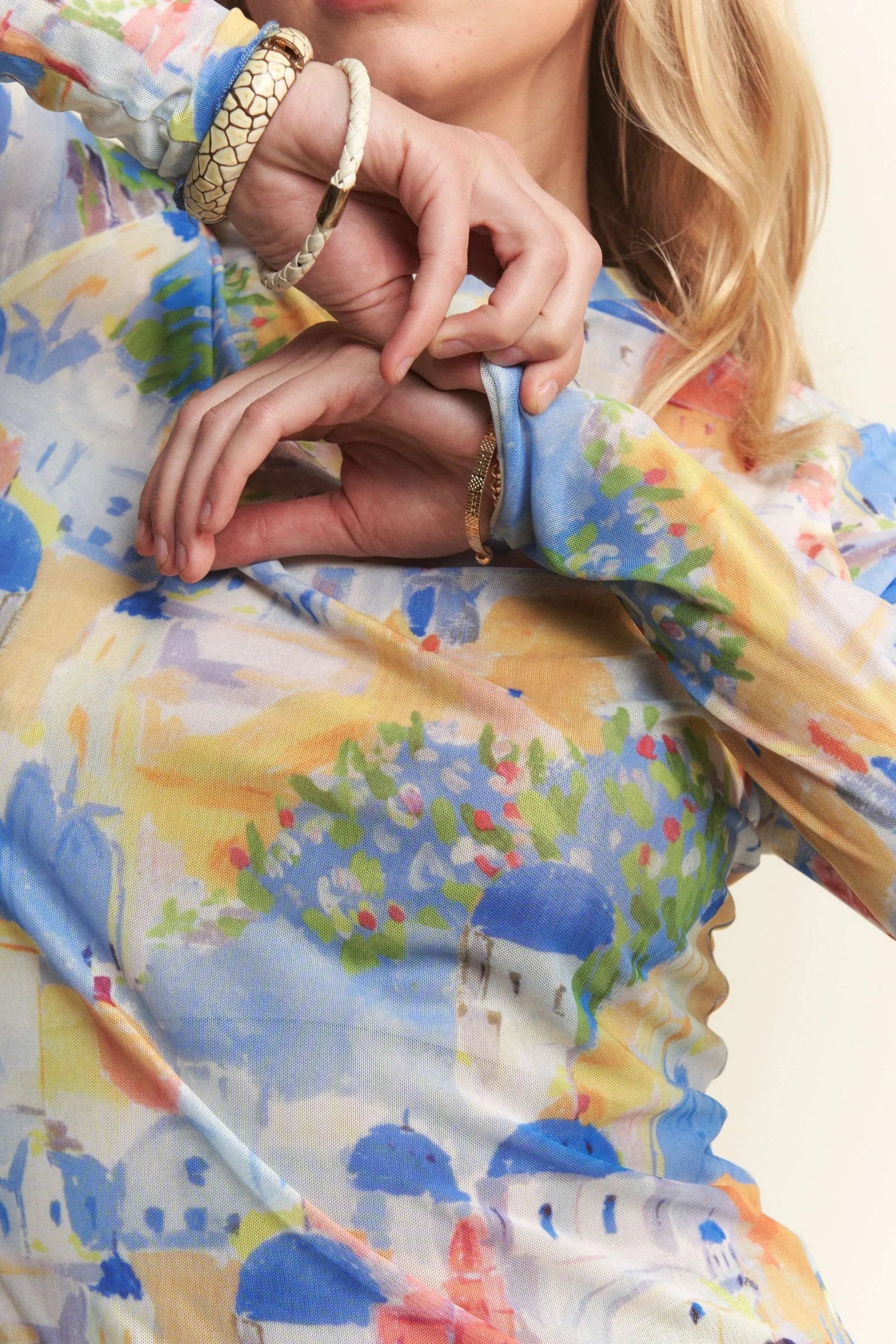 Davi & Dani - Watercolor Santorini Mesh Long Sleeve Top in Orange & Blue