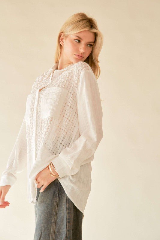 Davi & Dani - White Crinkled Jacquard Button Down Shirt